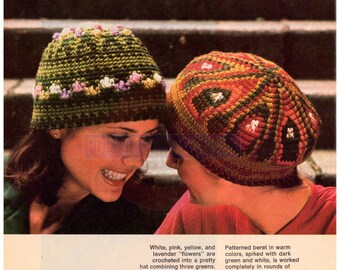 Vintage 70s Flower Hat And Beret Patterns Instant Download PDF 2.5 pages