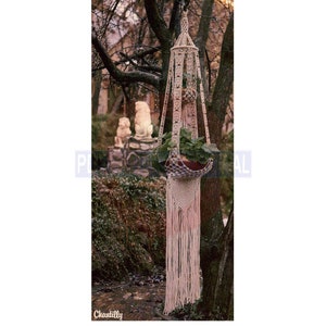 May include: A macrame plant hanger with a cream-coloured cord and fringe. The hanger is hanging from a tree branch in an outdoor setting. The hanger is holding a potted plant with green leaves.