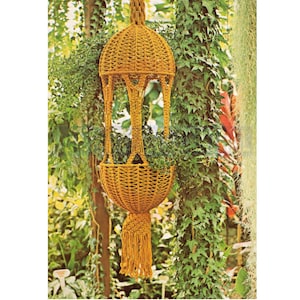 Può includere: Un portavasi in macramè con un fiocco giallo appeso a un ramo d'albero. Il portavasi è fatto di corda spessa e ha un design rotondo con la parte superiore aperta.