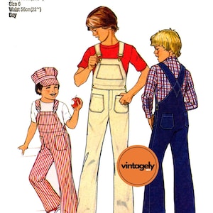 PDF INSTANT DOWNLOAD: 70s Boys&#39; Overalls and Engineer Style Cap, Size 6 Waist 22&quot; (56 cm), Simplicity 6822, Sewing Pattern Reproduction