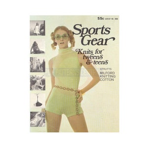 May include: Vintage magazine cover titled "Sports Gear" featuring a woman in a light green knit romper with a matching belt and large sunglasses. The cover includes the text "Knits for tweens & teens" and other text.