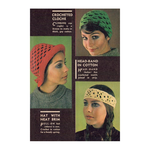 Crocheted Cloche, Cotton Head-Band and Brimmed Hat Vintage Early 70s Headwear Patterns Instant Download PDF 2.5 pages