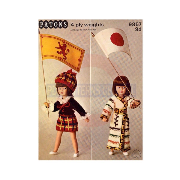 Vintage jaren 60 gebreide Japanse en Schotse poppenkledingpatronen voor poppen van 9 inch/23 cm, pdf direct te downloaden 4 pagina's