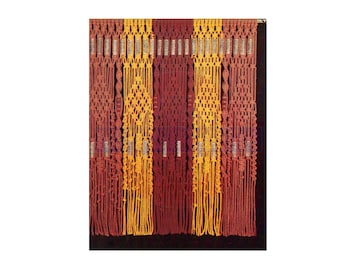 May include: A macrame curtain with alternating stripes of red and yellow cord. The curtain is made of a series of knots and loops, creating a textured and intricate design.