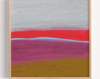Crimson Horizon Abstract Landscape Print, Modern Color Field Wall Art, Oak Framed (Archival Matte)