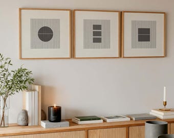 Set of 3 Geometric Line Art Prints, Framed Oak Wall Decor, Modern Abstract Trio