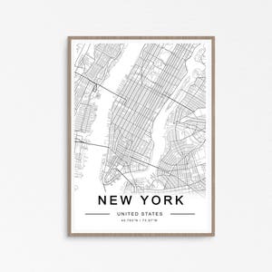 Mapa de Nueva York, decoración de Nueva York en blanco y negro, impresión de mapa de la ciudad de Nueva York, arte mural de Nueva York, mapa de Nueva York, impresión moderna, impresión minimalista
