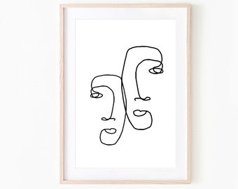 Abstract Faces Line Art Print: Minimalist Black and White (Digital Download)