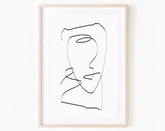Impressão de arte minimalista com linhas de rosto: abstrato em preto e branco (download digital)