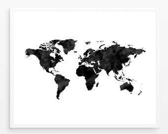 Impression de carte du monde aquarelle : affiche scandinave en noir et blanc (téléchargement numérique)