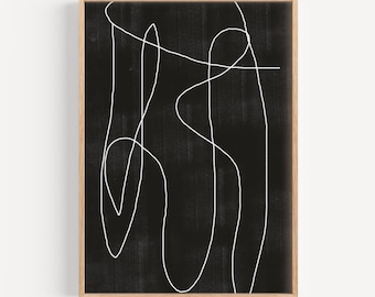 Line Art Abstract Print, Organic Forms, Minimalist Wall Art, Oak Framed (Archival Matte)