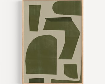 Midcentury Modern, Sage Green Art, Oak Frame, Free USA Delivery