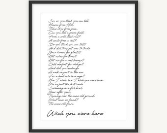 J'aimerais que vous soyez ici, affiche des paroles de Pink Floyd, impression d'art, citation de chanson en noir et blanc, art mural paroles de chanson, chanson typographie, paroles de musique