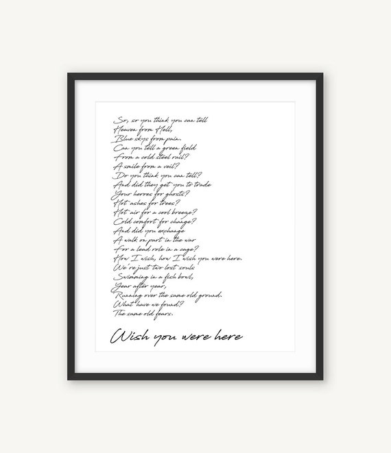 Wish You Were Here Pink Floyd Lyrics Poster Art Print Black Etsy