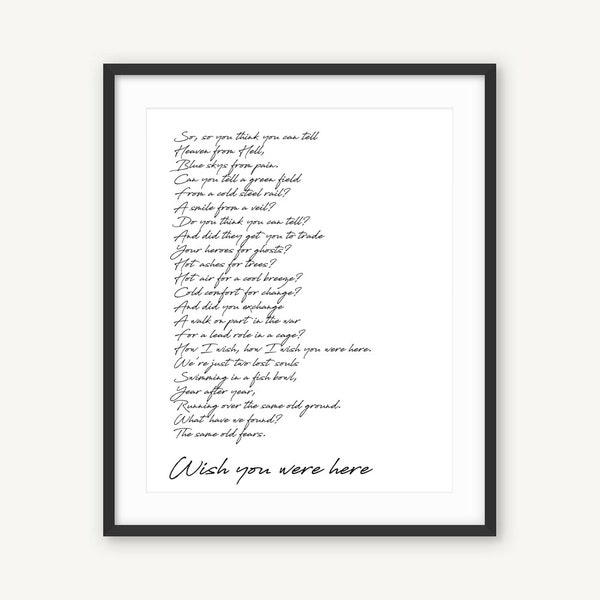 Wish You Were Here, Pink Floyd Lyrics Poster, Art Print, Black and White Song Quote, Song Lyrics Word Wall Art, Typography Song, Music Lyric