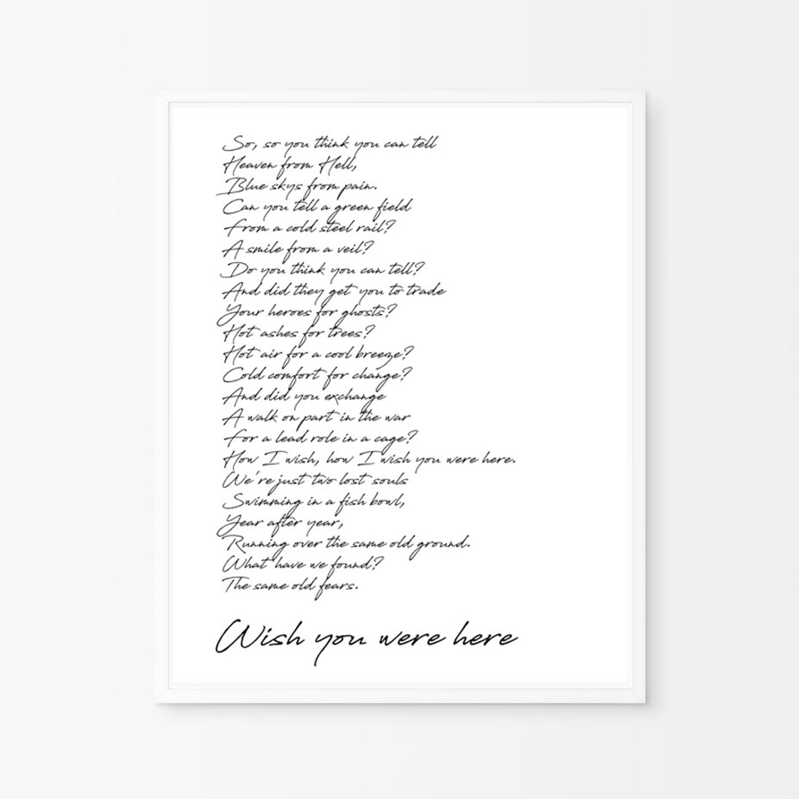 Pink Floyd Wish You Were Here Lyrics Deutsch Wish You Were Here, Pink Floyd Lyrics Poster, Art Print, Black and