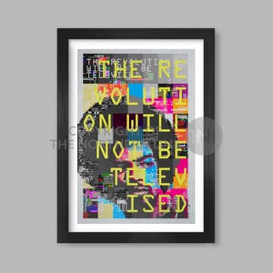 May include: A black and white image of a person's face with a glitched effect. The text "THERE WILL BE NO REVOLUTION ON WILL BE TELEVISED" is in yellow letters.