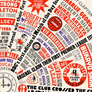 May include: A white and red illustrated poster with the text "BBC's first edition of Match of the Day features Arsenal Claim Their First Premier League Title". The poster features a timeline of Arsenal's history with names of players and managers, including Robert Pires, Viv Anderson, and Patrick Vieira.
