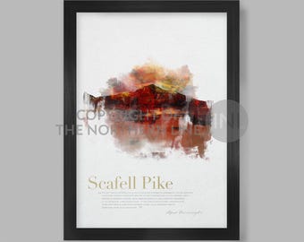 May include: A watercolor painting of Scafell Pike, the highest mountain in England, with a sunset sky in the background. The painting is framed in a black frame and has a white mat. The text "Scafell Pike" is printed below the painting, along with a description of the mountain.