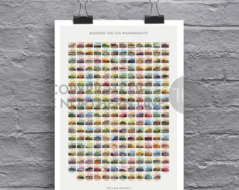 Puede incluir: Un póster titulado "Bagging the 214 Wainwrights" con una cuadrícula de ilustraciones coloridas de paisajes montañosos. El póster incluye el texto "The Lake District" en la parte inferior. El póster está sujeto por dos clips negros.