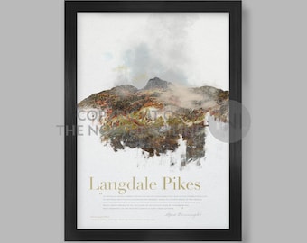 May include: A watercolor illustration of Langdale Pikes, a mountain range in the Lake District National Park in England. The image features a misty, mountainous landscape with a watercolor effect. The text "Langdale Pikes" is printed below the image, along with a quote by Alfred Wainwright.