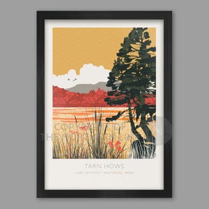 May include: Framed art print featuring a landscape scene of Tarn Hows in the Lake District National Park. The artwork showcases a lake, trees, and mountains in shades of orange, red, and green, under a yellow sky. The print is in a black frame.