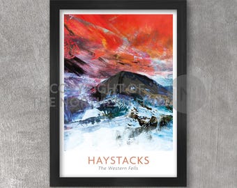 May include: A framed abstract painting of a mountain range with a red, orange, and blue sky. The title of the painting is "HAYSTACKS The Western Fells".