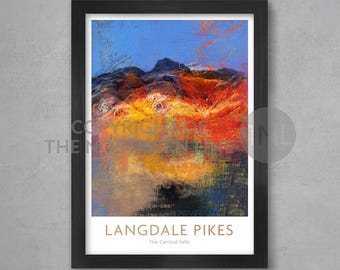 May include: A framed print of a colorful abstract painting depicting a mountain range. The title of the print is "Langdale Pikes, The Central Fells."