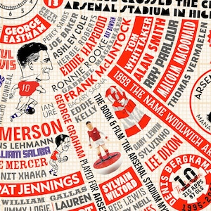 May include: A red and white illustrated graphic of Arsenal Football Club players. The graphic features the names of players who have played for the club, including George Graham, Frank McLintock, and Liam Saliba. The graphic also includes the text "The Book & Film 'The Arsenal Stadium' 1893 The Name Woolwich Arsenal".