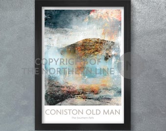 May include: A framed print of a watercolor painting of a mountain range with a blue, green, and orange color scheme. The title of the print is "Coniston Old Man, The Southern Fells."
