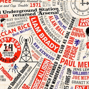 May include: A red and white illustrated word cloud of Arsenal Football Club players, managers, and key moments in the club's history. The word cloud is in the shape of a radio antenna.