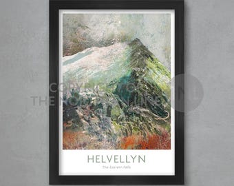 May include: A framed print of a mountain landscape with a green, brown, and white color scheme. The print features the text "Helvellyn The Eastern Fells".
