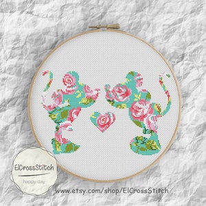 Mouse Cross Stitch Pattern,Floral Flowers Counted Cross Stitch,PDF Instant Download,S107