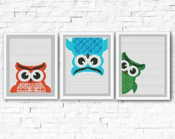 Set, Owls  Cross Stitch Pattern, Silhouette Cross Stitch Chart, Needlecraft Embroidery Needlework Counted Cross Stitch, PDF Instant Download