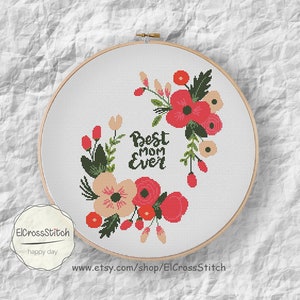 Padrão de ponto cruz de guirlanda floral, gráfico xStitch da melhor mãe já contada, citação inspiradora, decoração moderna para casa, download de PDF, S133