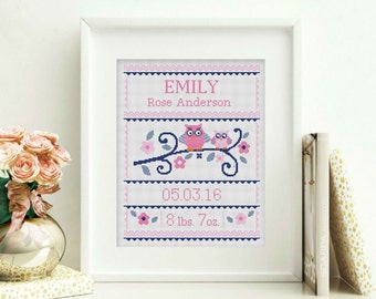 Birth announcement Owls cross stitch patern, baby , DIY customizable pattern,personalized cross ,PDF instant download, S093