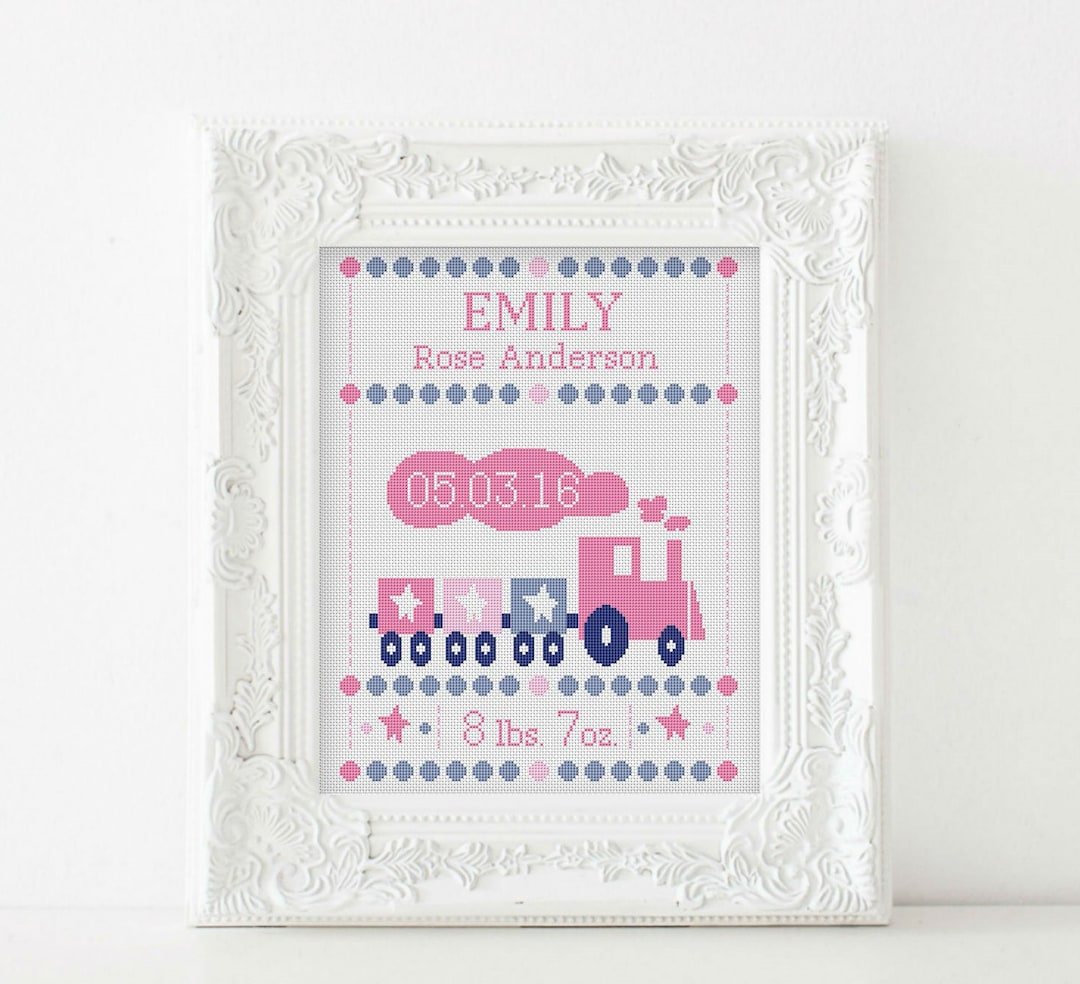 Birth Announcement Train Cross Stitch Patern, Baby , DIY Customizable