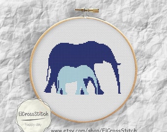 Blue elephants Cross Stitch Pattern Baby Elephant  Counted Cross Stitch, Animal Modern Home Decor, Instant Download,S026