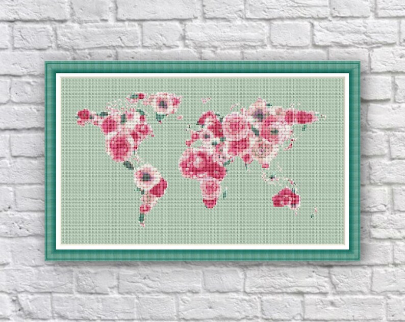 BOGO FREE Floral World Map Cross Stitch Pattern World Map Etsy