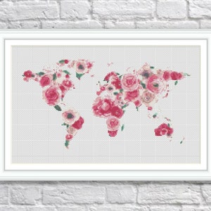 Floral World Map Cross Stitch Pattern, World Map Silhouette Flowers Counted Cross Stitch Chart Modern Decor, PDF Download, S106