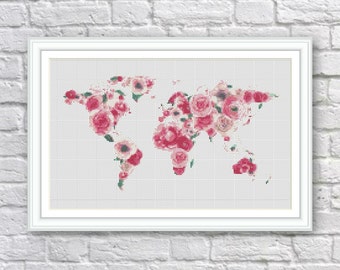 Floral World Map Cross Stitch Pattern, World Map Silhouette Flowers Counted Cross Stitch Chart Modern Decor, PDF Download, S106