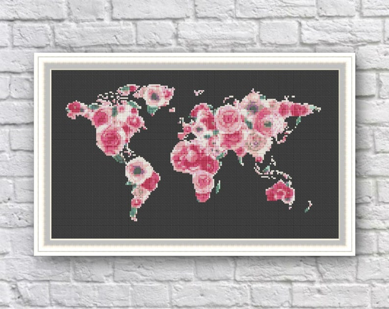 BOGO FREE Floral World Map Cross Stitch Pattern World Map Etsy