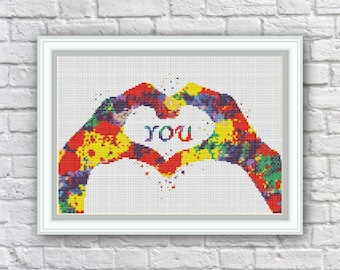 Heart cross stitch, Heart hands Cross Stitch Pattern, Love, Hands shaping a heart, Counted Cross Stitch,PDF Instant Download,S114