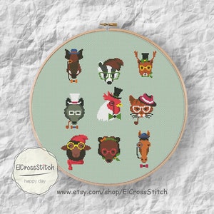 Hipster Animal Cross Stitch Pattern Cute Hipster Cross Stitch Chart Needlecraft  Needlework PDF Instant Download,S028