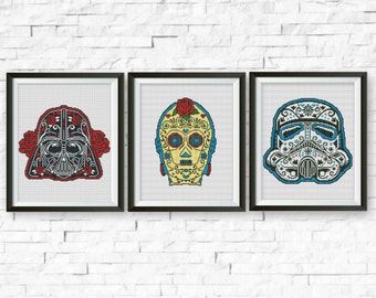 Set,Star Cross Stitch Pattern, Sugar Skull Counted Cross Stitch Chart, PDF Instant Download