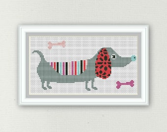 Dachshund gray Cross Stitch Pattern,Silhouette Cross Stitch Chart,Needlecraft , Needlework PDF Instant Download, S060