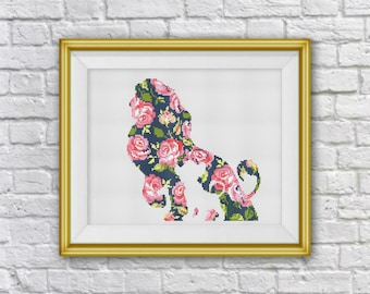 Lion Cross Stitch Pattern, Floral Lion Flowers silhouetteCross Stitch, Needlework, PDF Instant Download, S116