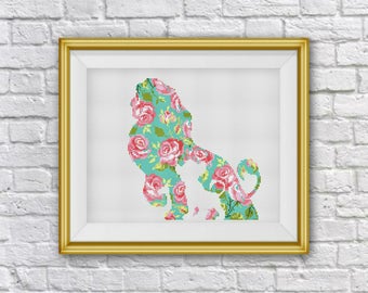 Cross Stitch Pattern,, Floral Lion Flowers Counted Cross Stitch, Needlework, PDF Instant Download, S115