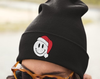 Embroidered Christmas Beanie - Smiley Face Santa Beanie-Christmas Toboggan-Winter Hats