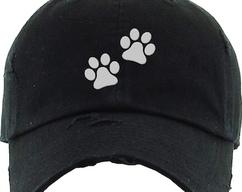 Embroidered Paw Print Hat: Distressed Cotton Cap - Dog & Cat Lover Gift